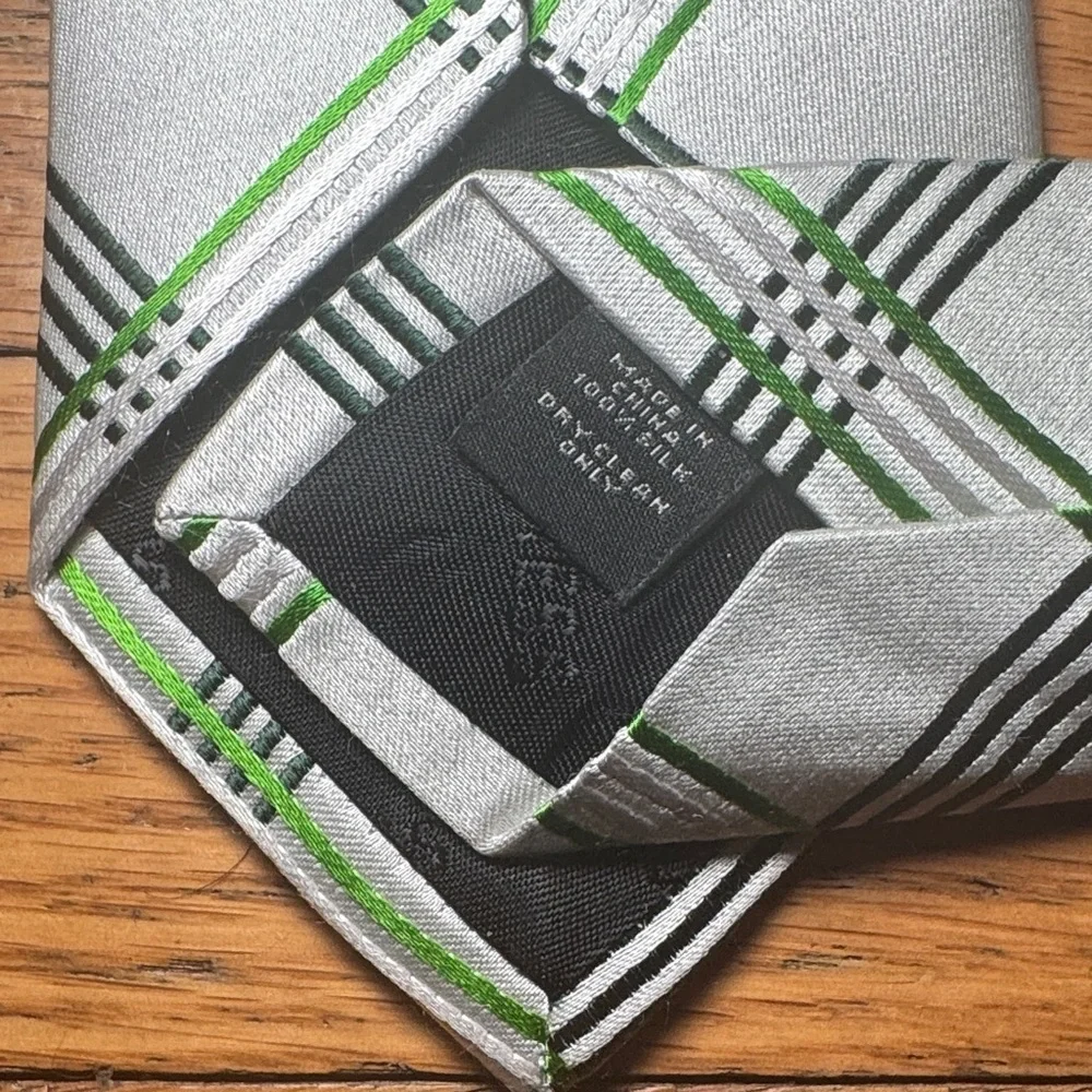 Express Silver and Green Checkered Silk Tie